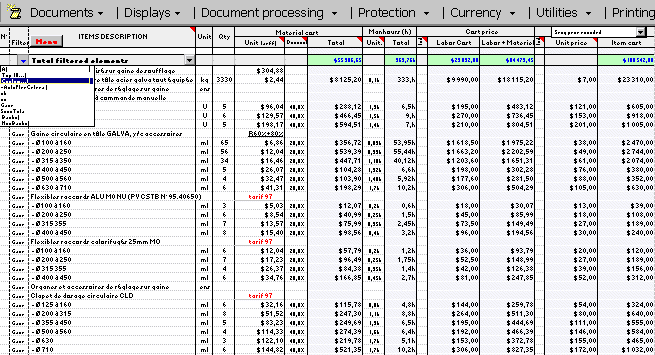 Estimate synthesis, Estimate breakdown, Assessement of work, Statistics, Woork filtering, Construction Cost