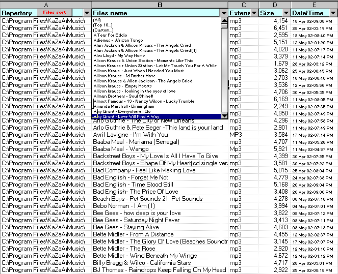 TriFile, Filing Excel, Archiving Excel, Archives files, Fort out files Excel, MP3 files listing, Files filtering, Files database Excel, *.xls. Musical file sorting. File mp3 sorting