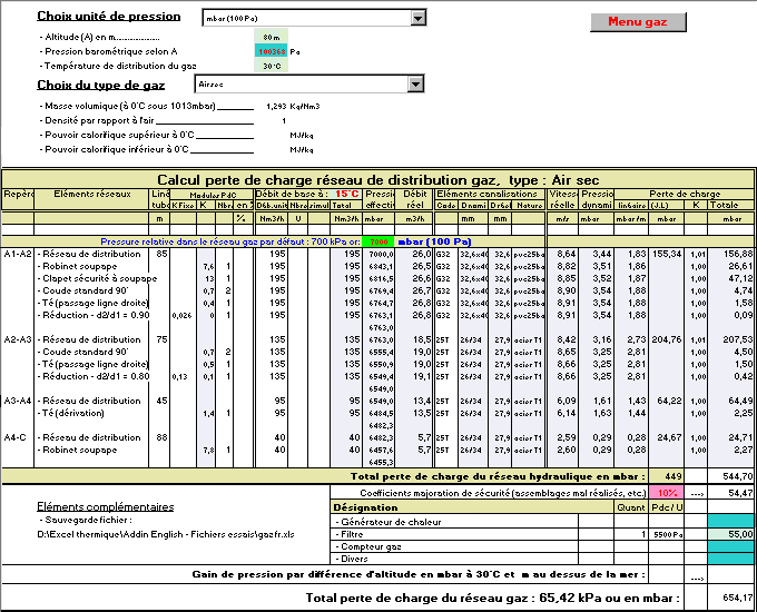 Calcul perte de charge réseau de distribution gaz