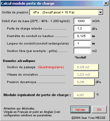 Calcul module perte de charge gaine, gaines, conduit, conduits