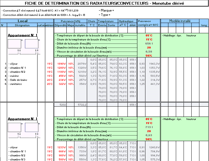 Programme de calcul chauffage monotube, convecteurs, dérivation