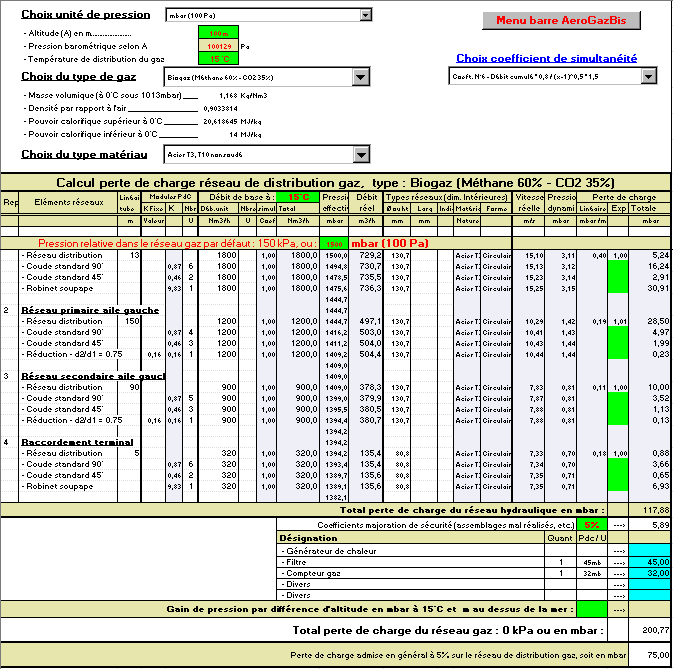 Il permet de dimensionner et d'effectuer le calcul des pertes de charge sur les circuits de distribution d'un des 59 gaz types stockés en bibliothèque