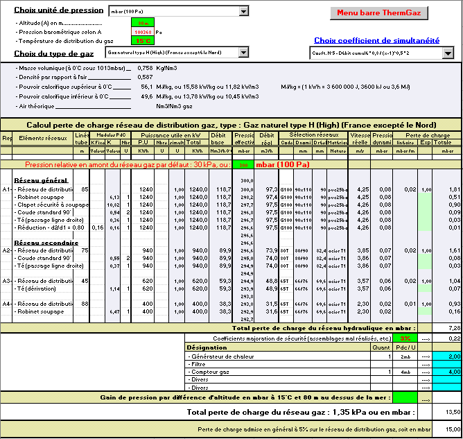 Dimensionnement gaz combustible, combustibles, naturel, type, H, France, GDF, GPL, acéthylène, butane, propane, générateur, chaleur, méthane, biogaz, éthane, programme, programmes, informatique, logiciel, logiciels