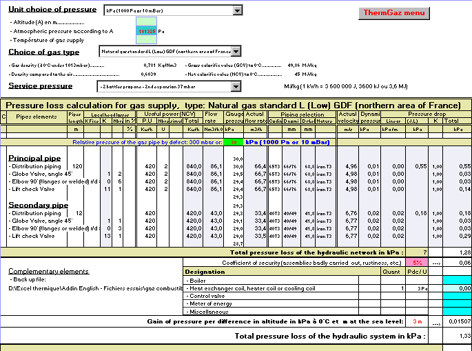 Gas pipes sizing. Pressure loss calculation for gas supply. Local head losses. Gas density. Calorific value