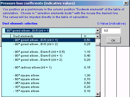 Duct sizing Excel program, dynamic pressure, static pressure, hydraulic, pressure loss coefficients