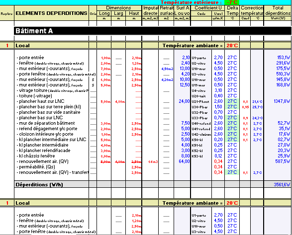 Excel calcul déperditions, déperdition, projet, étude, mur extérieur