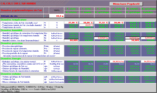 calcul psychrométrique excel, température, humidité, spécifique, relative, enthalpie, masse, volumique, rosée, bulbe