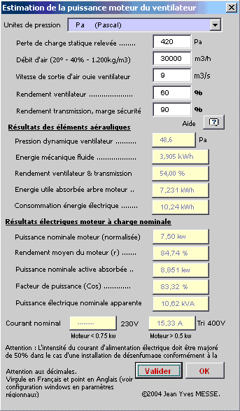 Estimation puissance moteur ventilateur, aéraulique, fluide